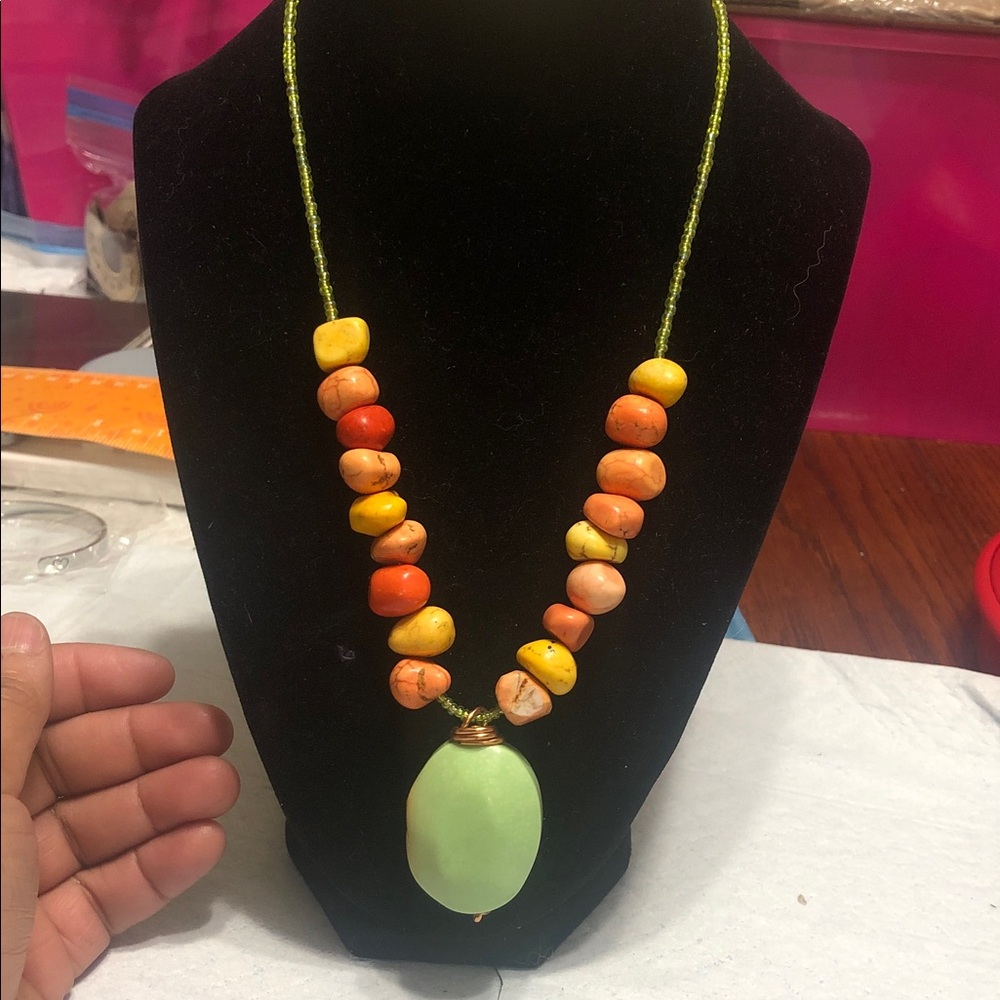 Vintage Orange, Yellow & Green Bead Necklace with Green Pendant